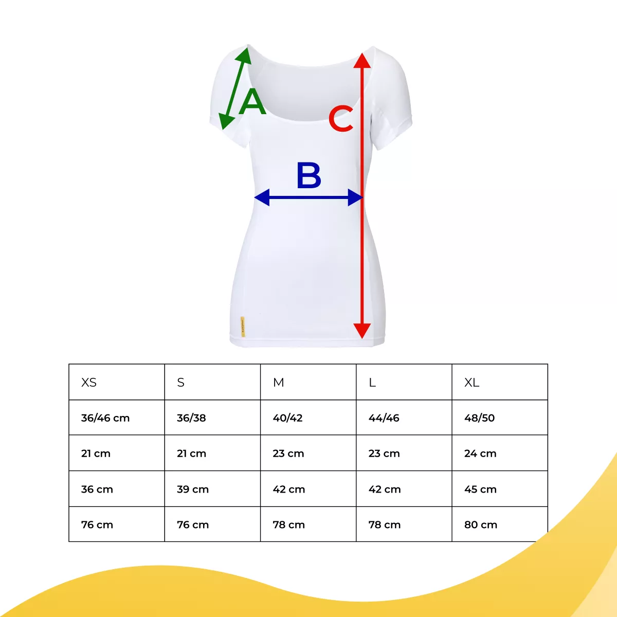 SweatStop women’s shirt size chart showing A sleeve, B chest and C length measurements for sizes XS to XL