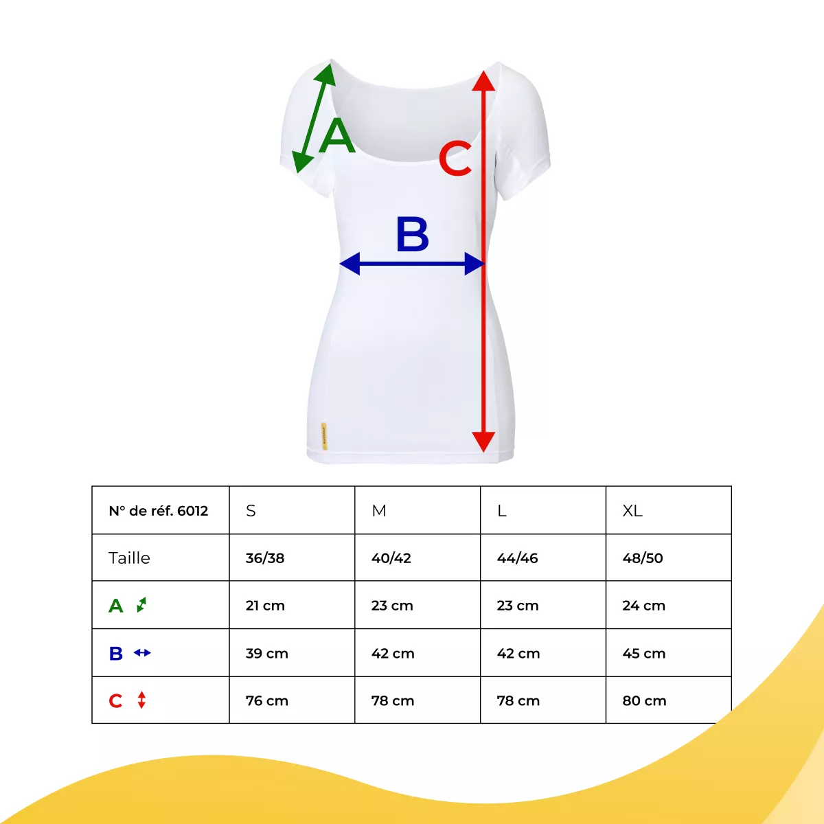 Tableau des tailles SweatStop pour haut femme montrant A manche, B largeur de poitrine et C longueur totale sur un haut blanc du S au XL