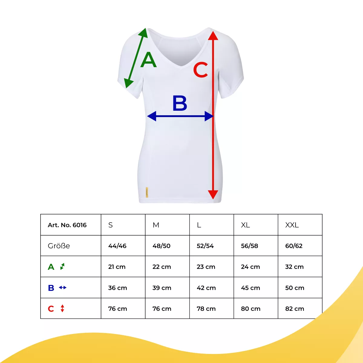 SweatStop Grössentabelle für Damen-Shirt Art. Nr. 6016 mit den Massen A, B und C für Ärmel, Brustweite und Länge auf einem weissen V-Ausschnitt-Shirt