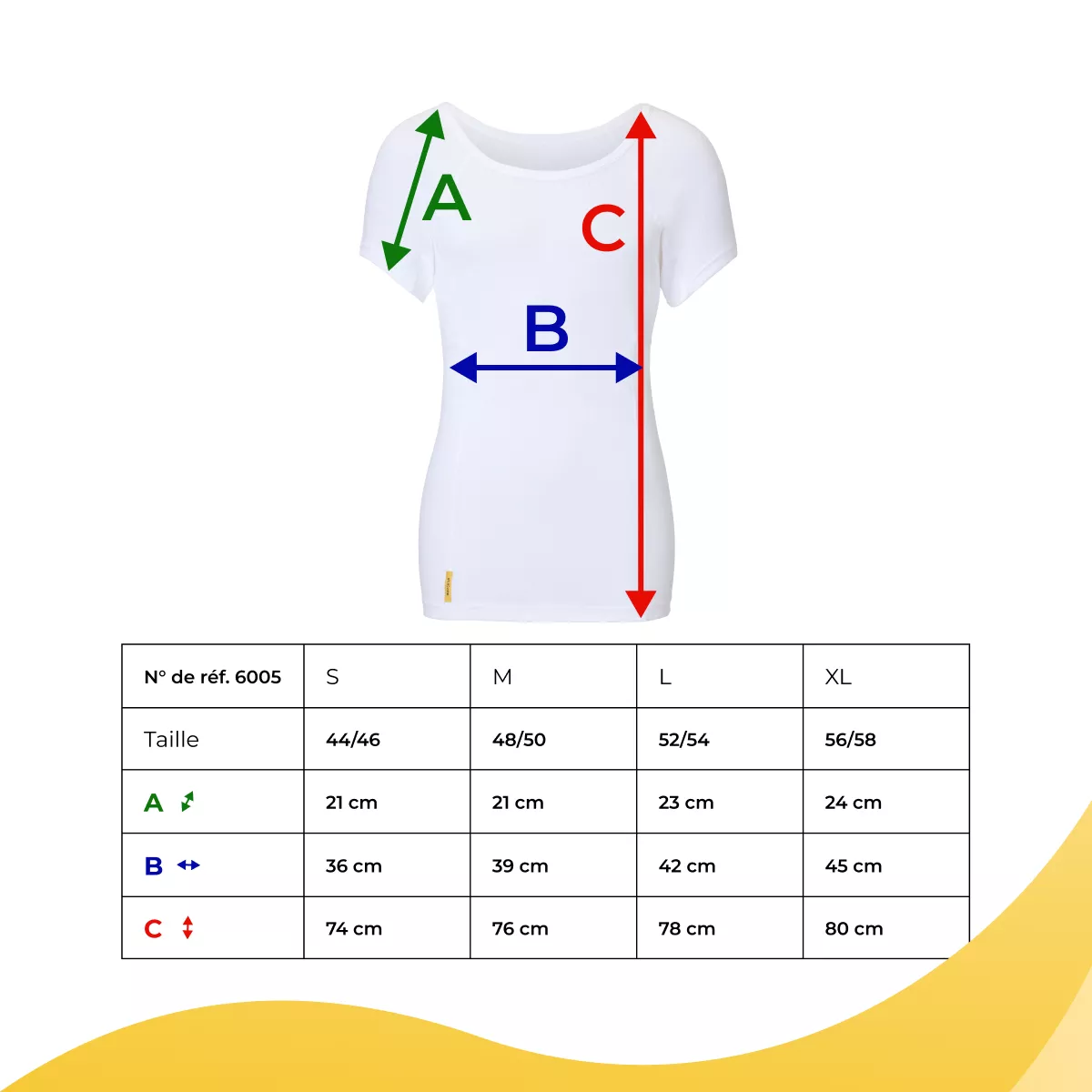 Tableau des tailles du t-shirt femme SweatStop montrant A longueur de manche, B largeur de poitrine et C longueur totale pour les tailles S, M, L et XL